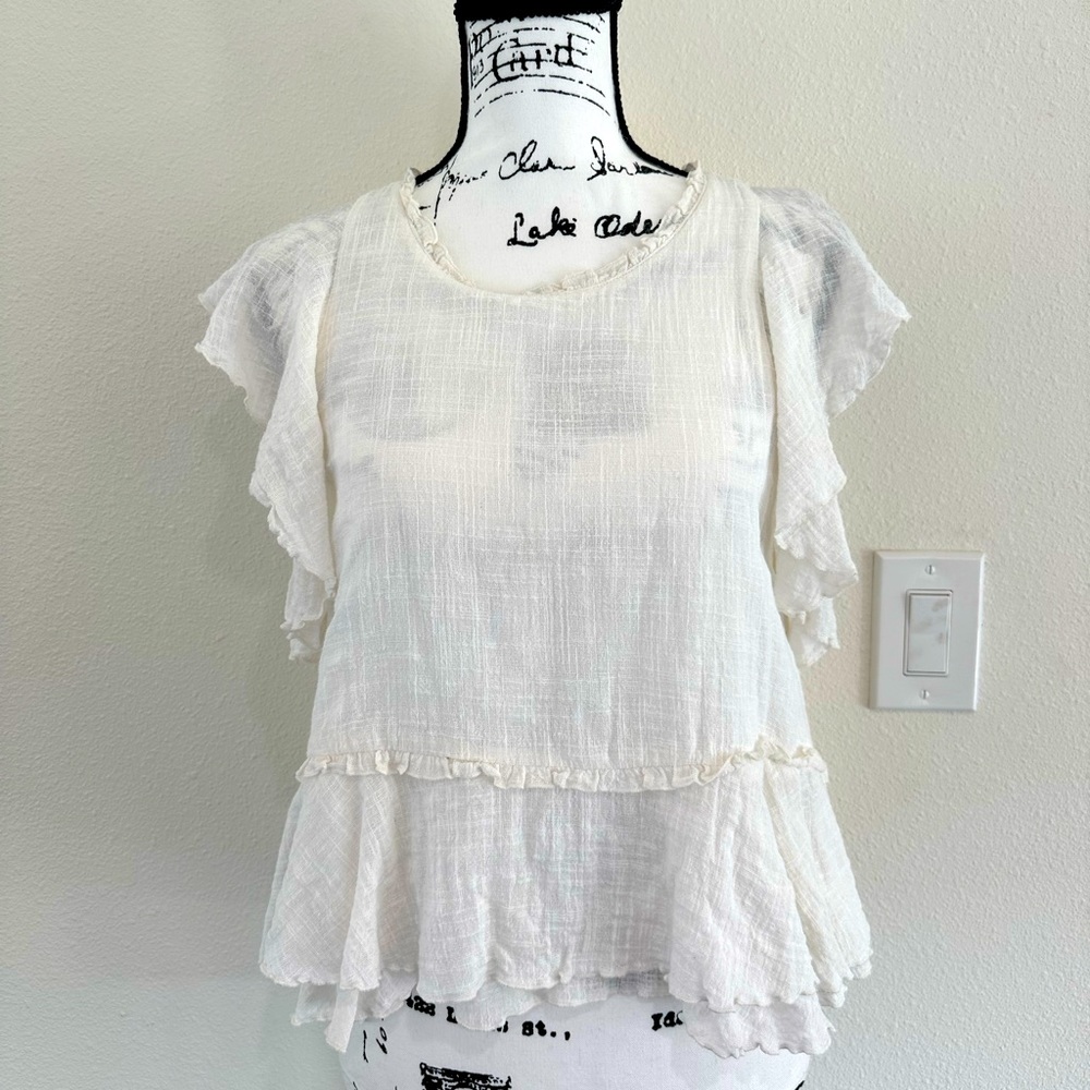 Maeve Ruffle Off White Linen Sleeveless Blouse Small